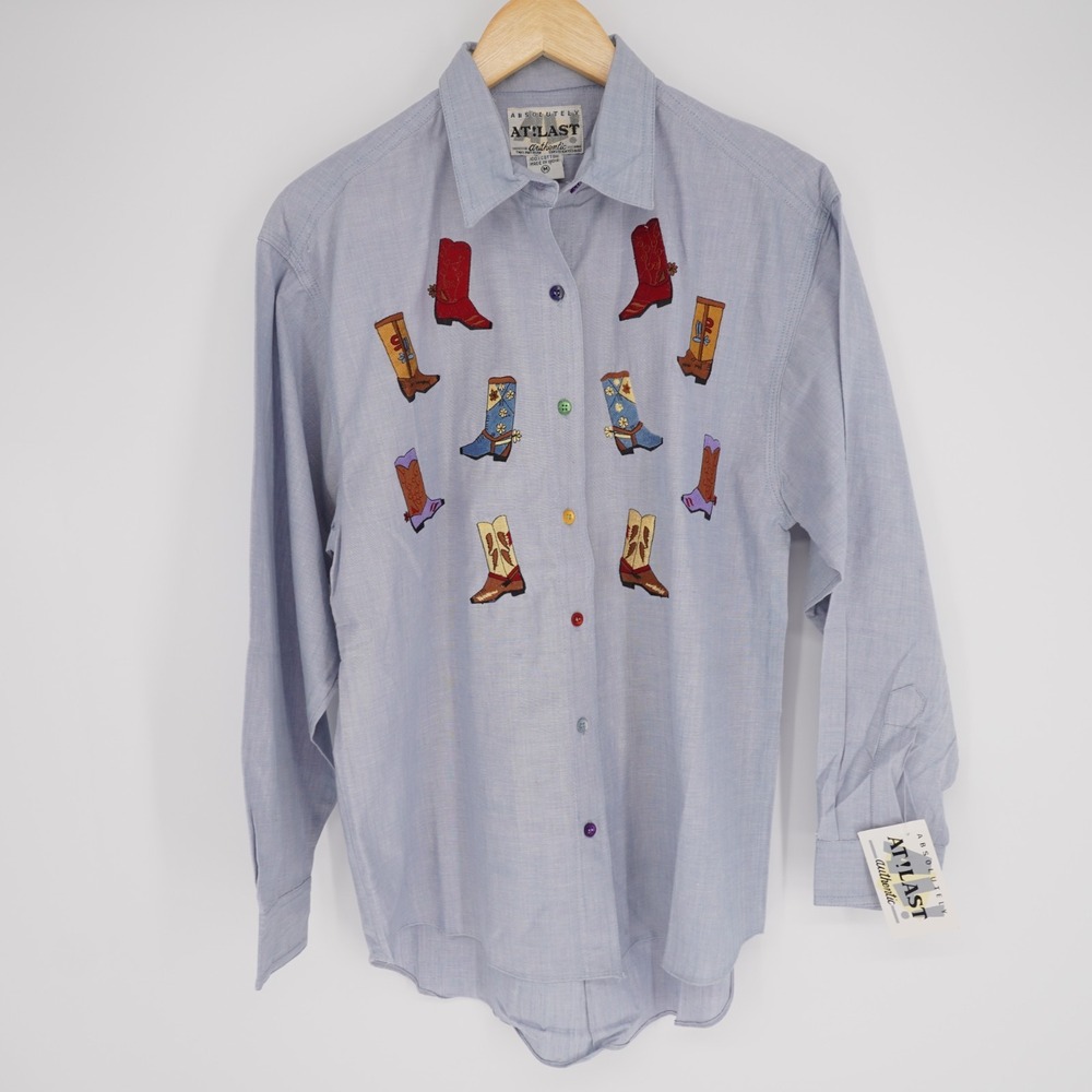 Vintage Western Button Up Shirt M Embroidered Boots 90s Cowgirl Country Cotton
